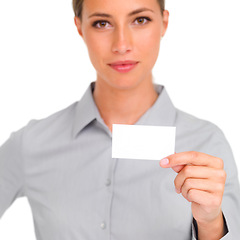 Image showing Woman, confident and studio with blank card for business marketing, contact and company logo on white background. Portrait, female person and entrepreneur with focus for display, details and work.