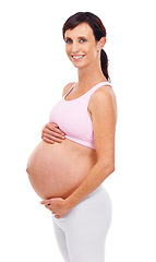 Image showing Portrait, pregnant or woman for belly, wellbeing or health on mockup in studio on white background. Stomach, female person and pregnancy for happiness, peaceful and prenatal care for maternity