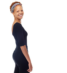 Image showing Woman, smile and portrait with clothes in home for casual fashion and trendy style to relax on mockup. African person and pretty with headband and hair texture and stylish in modern garment