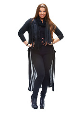 Image showing Fashion, smile and portrait of woman with hands on hips for modern, casual and feminine clothing in white background. Cool, confidence and face of model in studio for pride, happy and trendy outfit.