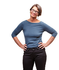 Image showing Mature woman, fashion and studio with smile for confidence in clothes, style and trends on white background. Glasses, female person and satisfied with color in happiness, isolated with casual look