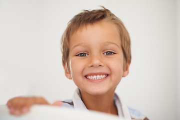 Image showing Portrait, happy and healthy boy for dental care in home, oral hygiene and growth or development of milk teeth. Child, strong and face for white smile or clean mouth and good habits for fresh breath