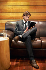 Image showing Businessman, office and lobby for tablet, scroll and formal for job and workplace in corporate. Professional male person, browsing and research for company, startup and online in accounting firm