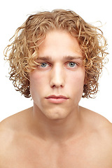 Image showing Portrait, closeup and man for hair care, growth and treatment isolated in studio. Male person, model and hairstyle on white background with confidence for styling, shampoo and blonde haircut