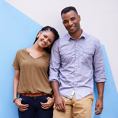 Image showing Friends, smile and portrait by wall together, respect and scholarship in university. Students day, volunteer and educational development for creative affection, learn and bonding with colour backdrop