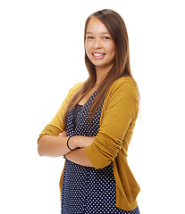 Image showing Studio, portrait and happy student with arms crossed, smile and commitment in elegant clothes by white background. English woman, pride and positive face in dress and gen z person in casual fashion