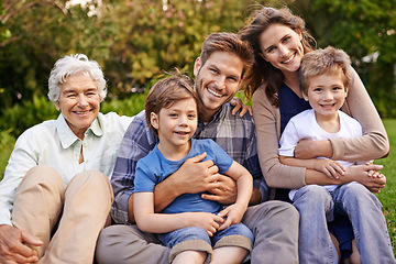 Image showing Family, outdoor and portrait for holiday, vacation and backyard with children and smile with love. Mom, dad and grandma with kids, nature and trees for memories, elderly and joy together in bonding