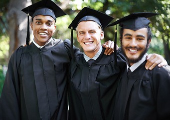 Image showing Happy, men and school portrait at graduation with celebration, friends and graduate group outdoor with a smile. Class, support and education event on campus with diversity and college degree