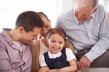 Image showing Parents, grandfather and child with portrait on sofa for healthy development, security or comfort in apartment. Family, men and woman with girl kid, smile and bonding for parenting and love in house