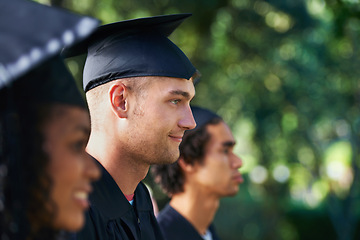 Image showing Graduation, university and students in park for learning, studying and knowledge on academy campus. Education, friends and profile of men and woman for celebration, graduate ceremony and college