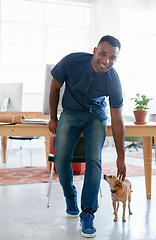 Image showing African man, puppy and smile in office for research and planning for business ideas and creativity. Intern or trainee at company or organization for unwind with pet to relax and destress after work