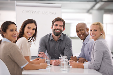 Image showing Business people, portrait and company vision team with smile from collaboration and work in a office. Happy, workforce and professional group with career confidence and diversity at consultant agency