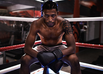 Image showing Black male boxer, ring and gym for sport, match and portrait with braids and shirtless with gloves. Boxing man, wellness and training gear for mma, exercise and fitness for workout and fight