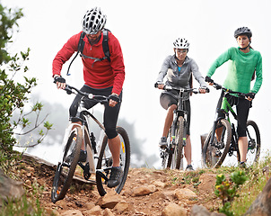 Image showing Cycling, adventure and sports people on mountains for training, race or journey together in triathlon. Group, athlete and friends on bicycle for outdoor exercise, cardio and competition in nature