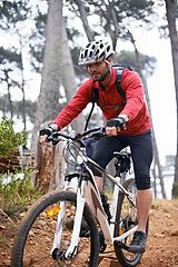 Image showing Fitness, sports and man cycling in countryside for adventure, discovery or off road bike hobby. Exercise, health and trail with young cyclist on bicycle in nature for cardio training or workout