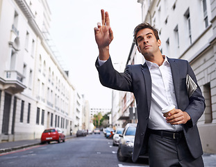 Image showing Business travel, man and taxi hand sign in a city street for morning commute, signal or gesture outdoor. Finger, emoji or lawyer with symbol for metro transportation, cab or bus, service or chauffeur