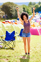 Image showing Woman, dancing and outdoor with beer at music festival, party with fun and excited, celebration and happiness. Freedom, cheers and alcohol in can, camping with social event in park and arms raised