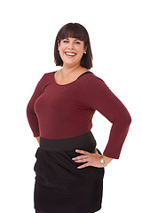 Image showing Style, smile and portrait of woman in studio with stylish, casual and trendy outfit and makeup. Happy, confident and plus size female person with classy fashion and cosmetic face by white background.