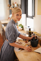 Image showing Cooking, woman and ingredients with portrait in a home with diet, nutrition and healthy food with smile. Kitchen, bowl and happy from organic and vegan lunch with mushroom and board with wellness