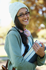 Image showing Portrait, smile and books for education with student outdoor on campus for learning, growth or development. Face, study and scholarship with woman at college, school or university for knowledge