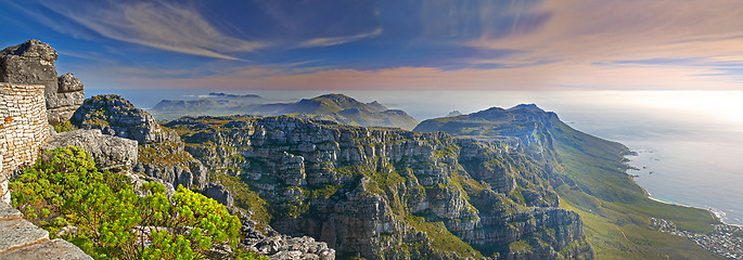Image showing Mountains, nature and ocean with sky for travel, hiking and eco friendly tourism with banner of Cape Town. Aerial view of environment, landscape and sea on the horizon with adventure in South Africa