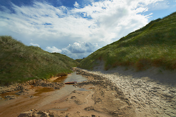 Image showing River, nature and landscape of water stream, green hill and beach with texture and mud in environment for ecosystem. Moving liquid, sea or lake with natural resource, element and landscape outdoor