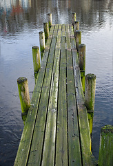 Image showing Wood, bridge and lake in nature for travel, environment and camp destination for summer. Wooden pier, dock or path to water, peace and calm in location for adventure with perspective and background