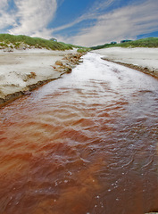 Image showing River, nature and landscape of water stream, abstract and scenic with texture or ripples in environment for ecosystem. Moving liquid, sea or lake with natural resource, element and landscape outdoor