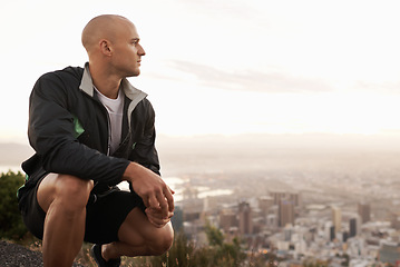 Image showing Man, thinking and fitness with vision on mountain by the city for workout or outdoor exercise in nature. Male person or athlete in wonder, thought or dream for training or running on mockup space