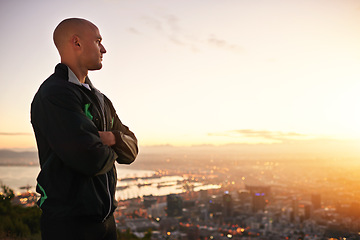 Image showing Man, thinking and fitness with sunset on mountain in city for workout or outdoor exercise in nature. Male person or athlete with arms crossed in wonder or confidence for training or running on mockup