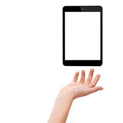 Image showing Hand, tablet and empty screen in studio, display and mockup space or social media on white background. Person, tech and website or networking for marketing, app and internet or online for advertising