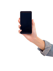 Image showing Hand, phone and blank screen in studio, display and mockup space or social media on white background. Person, tech and website or networking for marketing, app and internet or online for advertising