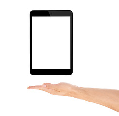 Image showing Hand, tablet and screen for mockup space in studio, display and product placement on white background. Person, tech and website or networking for marketing, app and internet or online for advertising