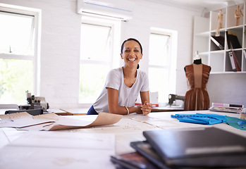 Image showing Fashion designer, workshop and portrait of business woman in office for design, retail and startup career. Professional, creative workplace and happy person with clothing, fabric and textile boutique