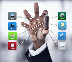 Image showing USB, storage and technology in hand for memory and icon overlay for communication, notes and media. Tech, hardware and person with stick for digital transfer of business information, planning or data