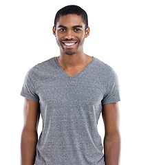 Image showing Studio, portrait and of black man with fashion to relax with happiness at university in white background. African, person and smile with casual style, shirt and college student with pride in mockup