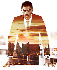 Image showing Business, man and double exposure of city or skyline on portrait with power from leadership in white background. Serious, politician and cutout of person with development of African town or project