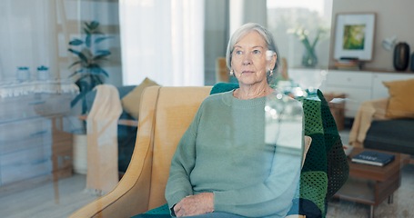 Image showing Thinking, memory and serious old woman in living room at home on sofa, depression and lonely in retirement. Nostalgia, remember and elderly person with anxiety, dream and vision by apartment window