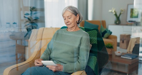 Image showing Elderly woman, photograph and retirement in nursing home with memory, relax with history for nostalgia and think about life. Remember, past and old age with pension, retro picture and rest in lounge