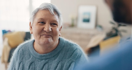 Image showing Communication, portrait and senior woman with nurse for conversation, talking or chat in house. Happy, relax and elderly person in living room of home speaking to friend or caregiver for healthcare