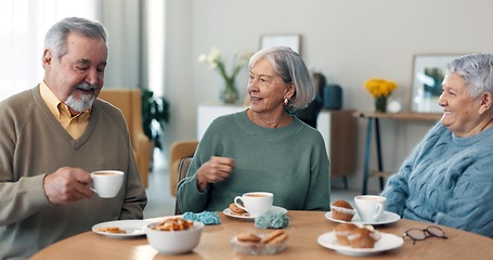 Image showing Coffee, conversation and senior friends in living room of nursing home with letter or invitation. Smile, discussion and group of elderly people in retirement drinking cappuccino in lounge at house.