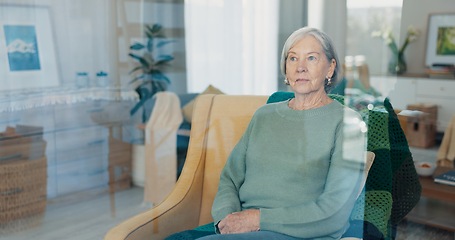 Image showing Thinking, memory and old woman with nostalgia, lounge and nursing home on sofa to relax in lonely retirement. History, remember and vision of past life memories, elderly person and couch in apartment