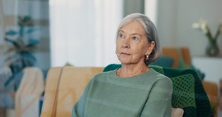 Image showing Thinking, face and senior woman on couch with dementia, memory loss and Alzheimer in nursing home. Old age, anxiety and elderly female with depression, reflection and lonely with grief or nostalgic