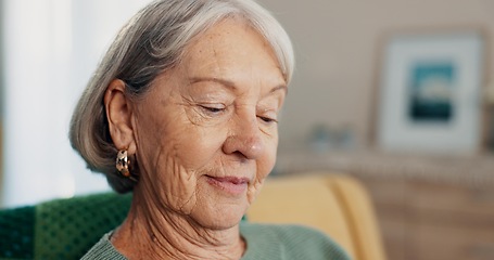 Image showing Face, memory or nostalgia with elderly woman on sofa of living room in home to relax for retirement. Peace, thinking or wellness with senior person closeup in apartment for break, rest or time off