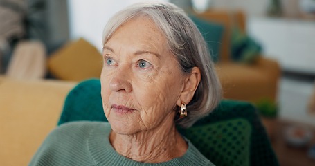 Image showing Face, thinking and senior woman on sofa with Alzheimer, memory loss and depression in nursing home. Old age, anxiety and elderly female with nostalgia, living room and mental health in retirement