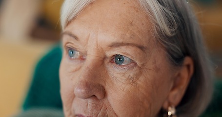 Image showing Sad, crying and senior woman at nursing home with grief, stress and worry or mourning in closeup. Tears, face and elderly female with nostalgia, anxiety and dementia for memory loss or Alzheimer