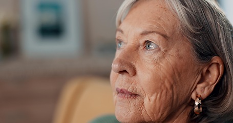 Image showing Thinking, depression and regret by old woman, home and retirement while feeling lonely. Remember, mental health and nostalgia by senior female person in closeup, mourning and alone with memories