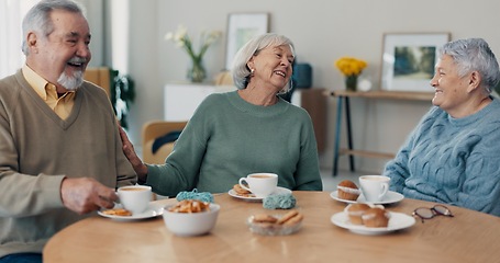 Image showing Discussion, coffee and senior friends in living room of nursing home for communication. Smile, conversation and group of elderly people in retirement talking, bonding and drinking cappuccino at house