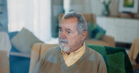 Image showing Thinking, dreaming and senior man on chair, living room and retirement home. Old, pondering and elderly male person with memories, remember and contemplating in lounge for dementia or Alzheimers