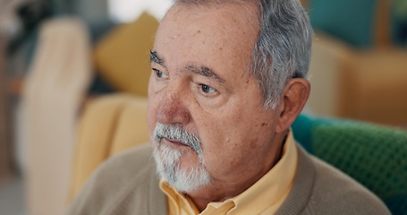 Image showing Face, memory or nostalgia with old man on sofa of living room in home to relax for retirement. Peace, thinking or wellness with senior person closeup in apartment for break, rest or time off